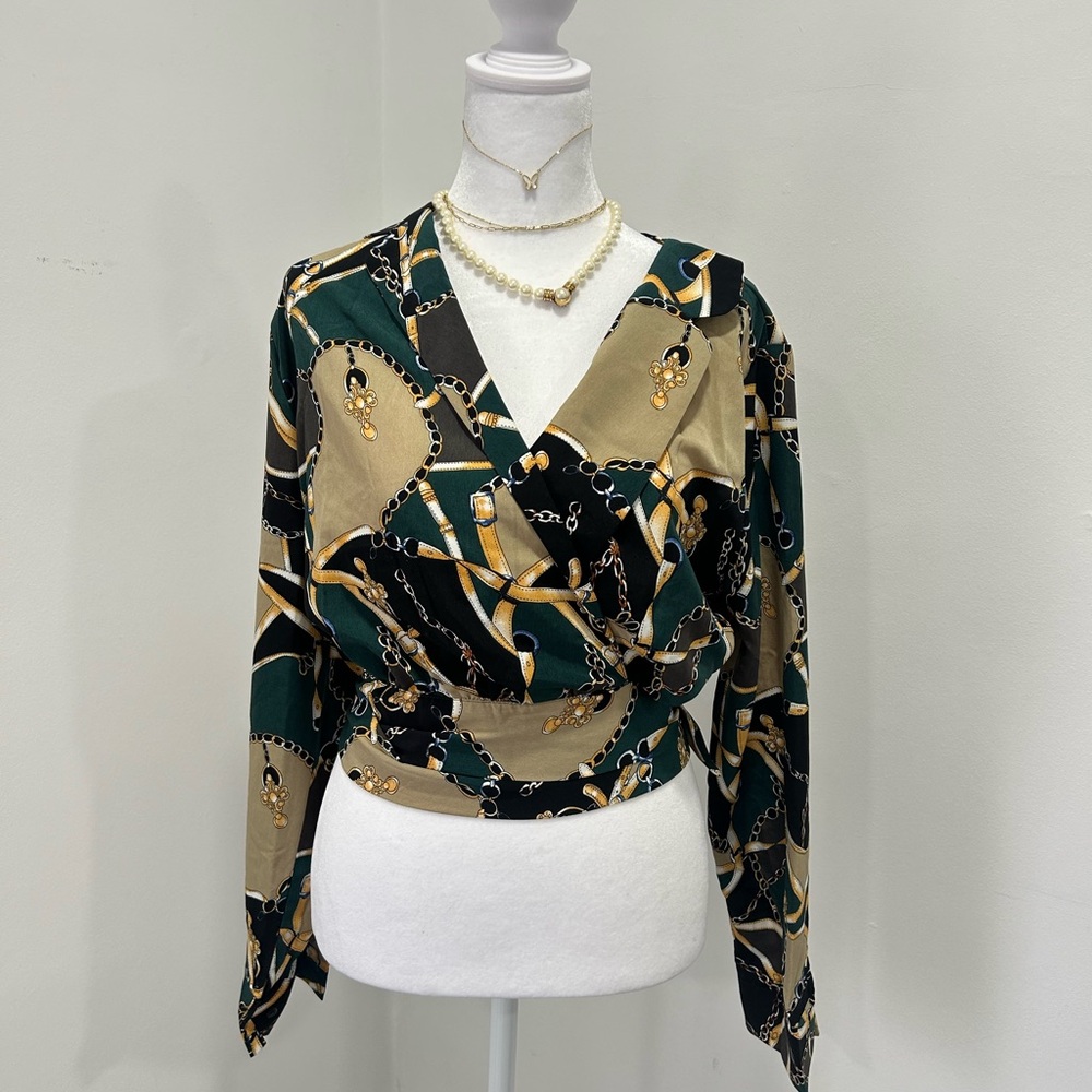 Green and gold long sleeve blouse with wrap tie front Medium